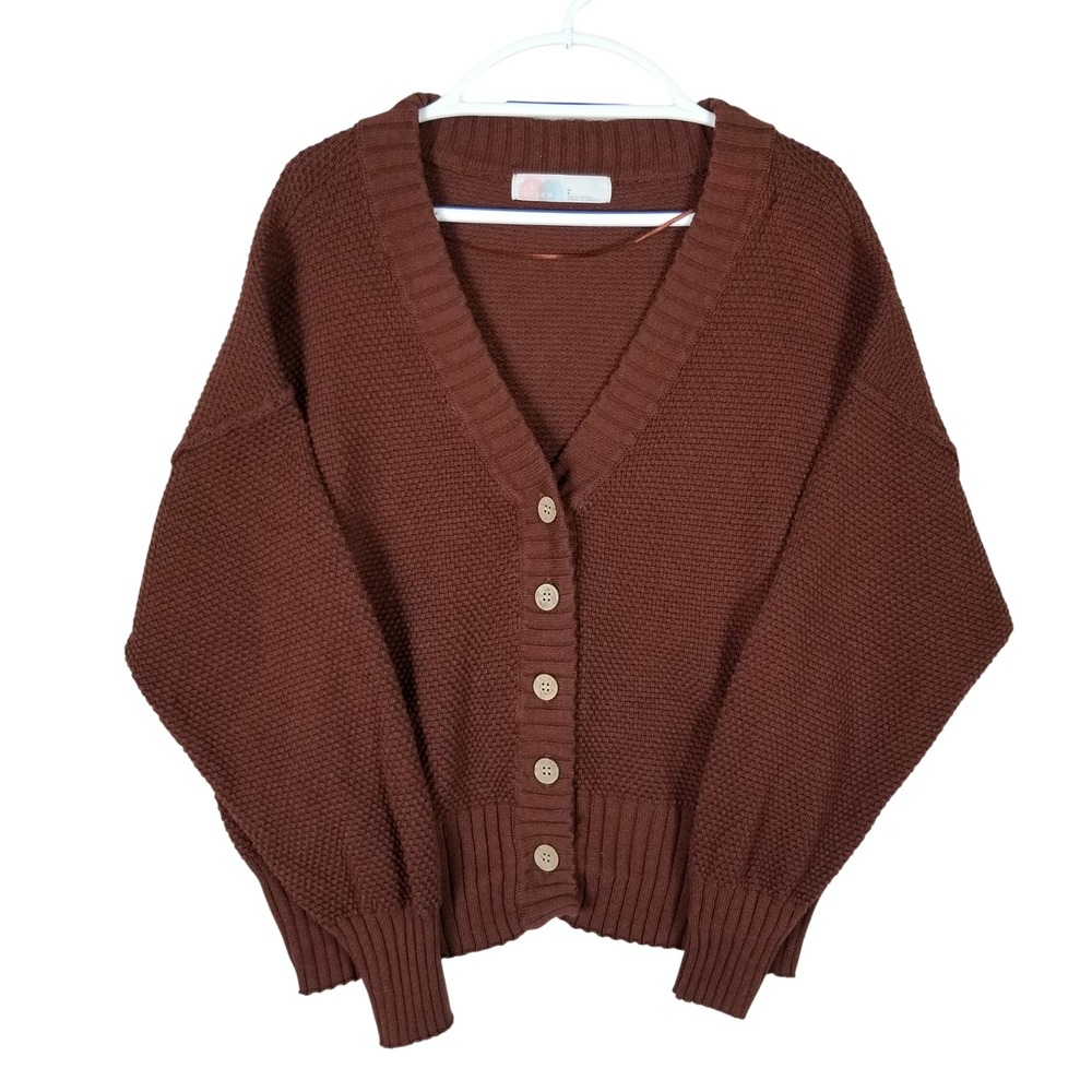FP Beach Cardigan Women Large Brown Waffle Knit Cotton V-Neck Button Up Sweater